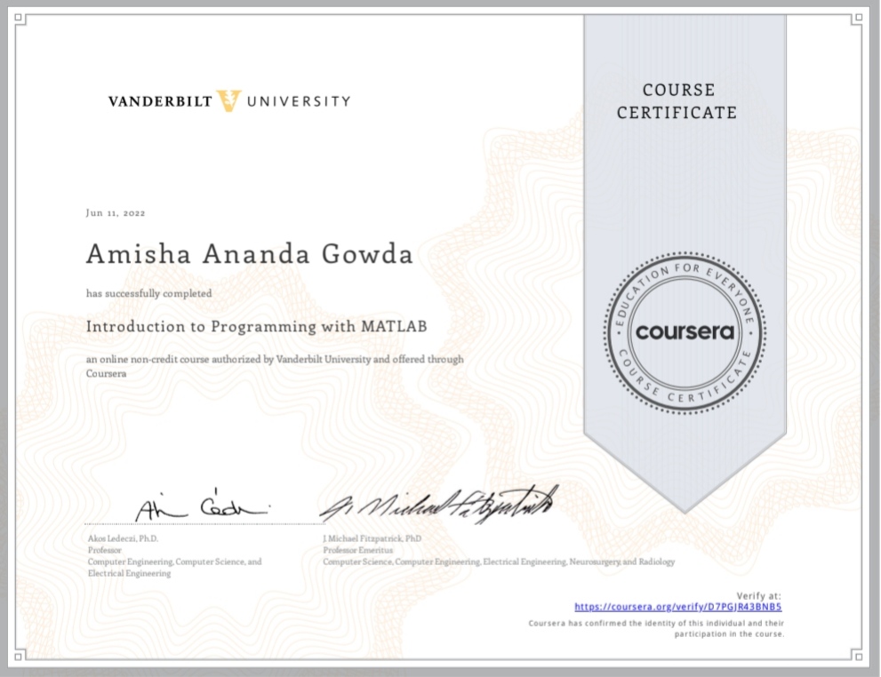 Certificate of course completion of Introduction to Programming with MATLAB