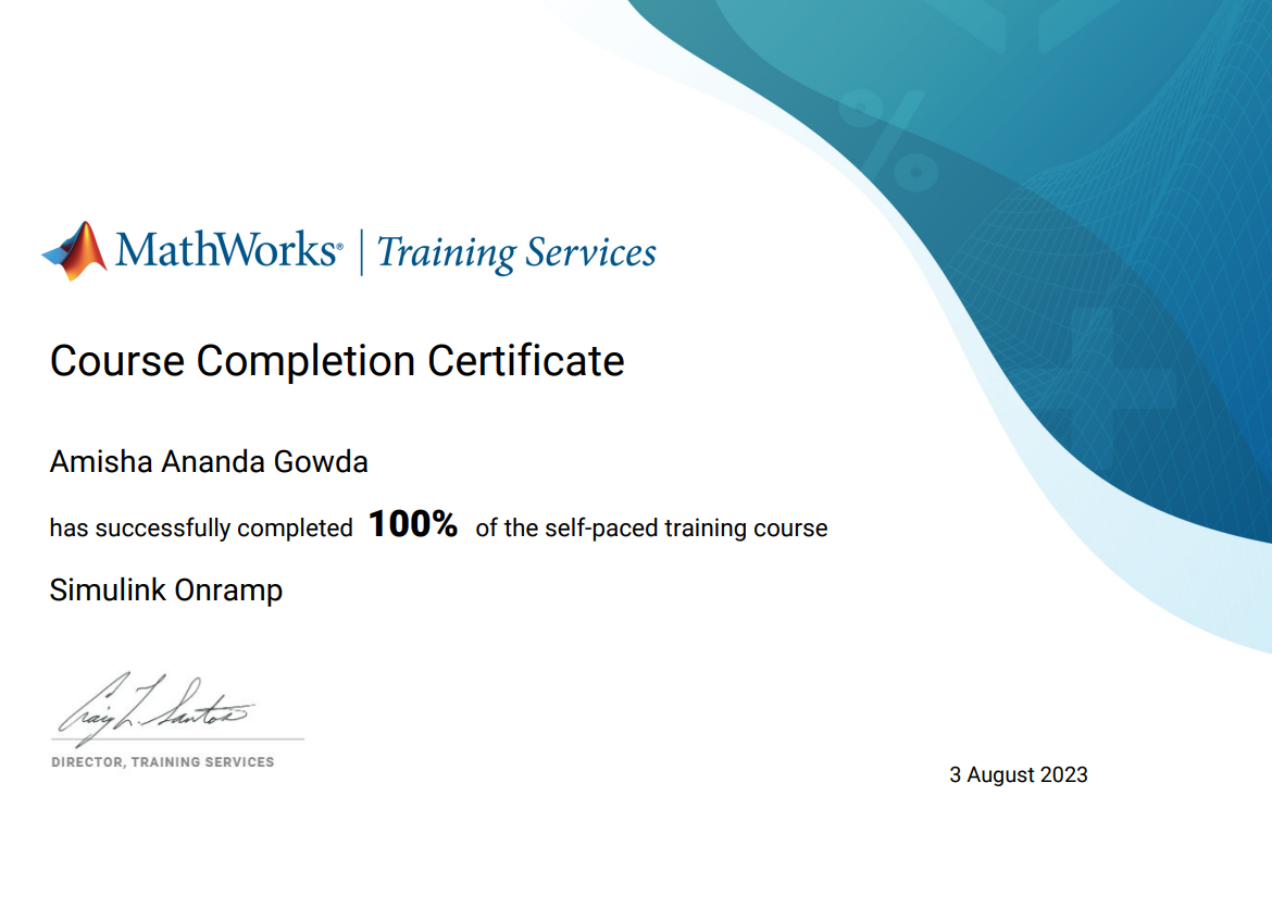 Certificate for completion of Simulink onramp couse in MATLAB