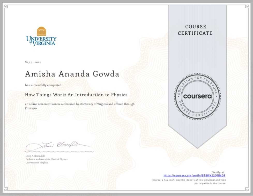 Certificate of course completion of How Things Work:An Introduction to Physics