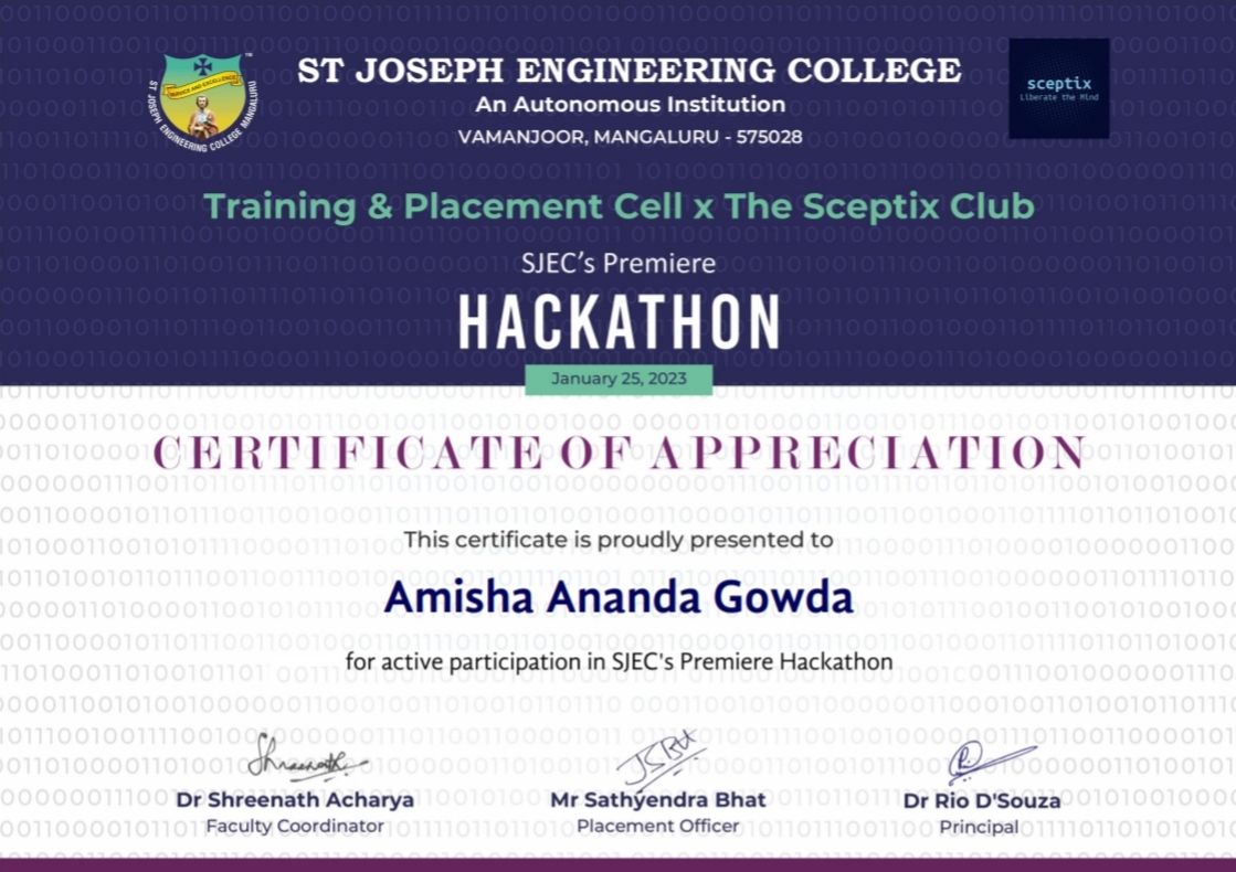 Participation Certificate of SJEC's Premiere Hackathon