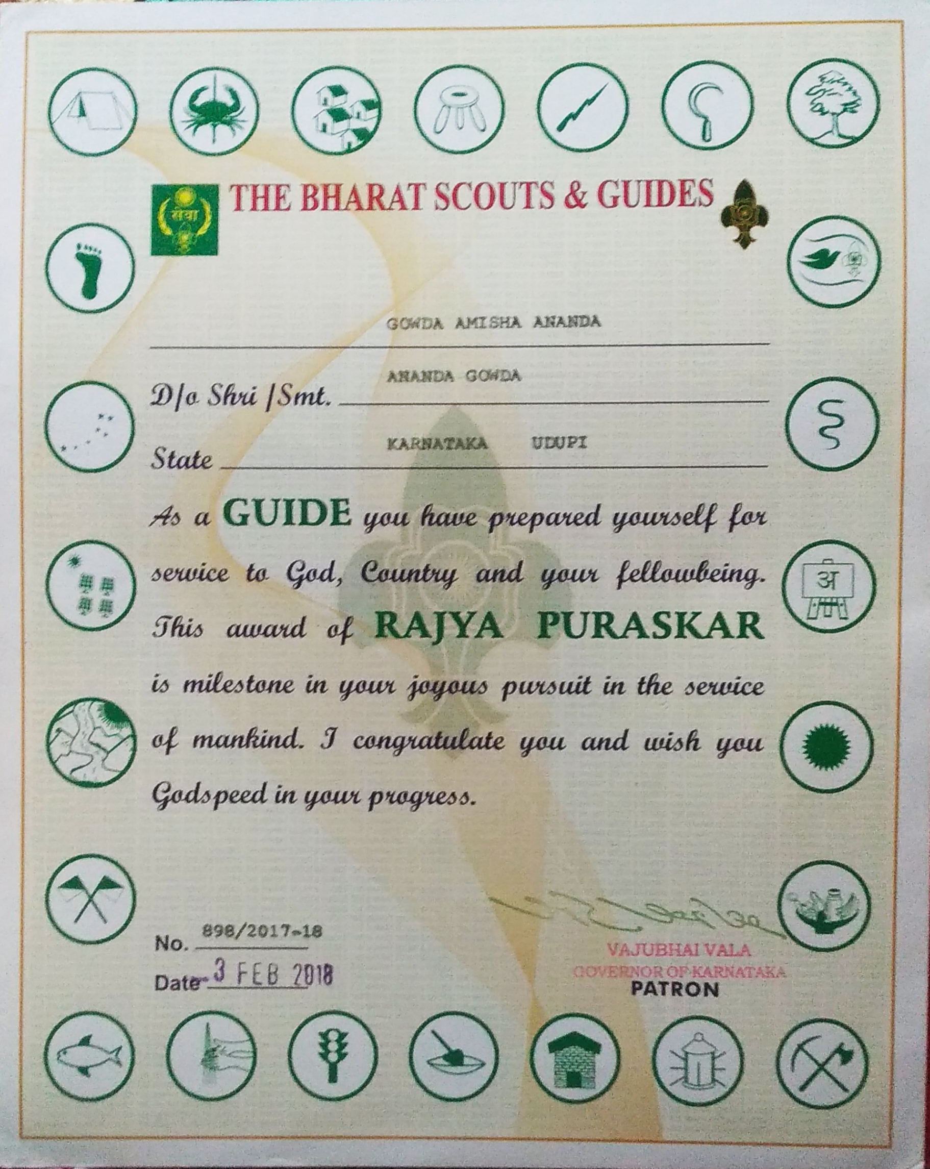 Certificate for Receiving Rajya Puraskar