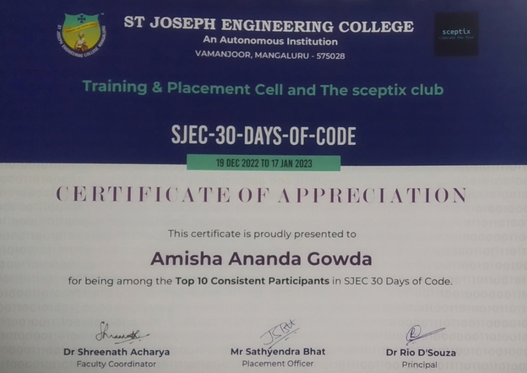 Participation Certificate of SJEC's Premiere Hackathon